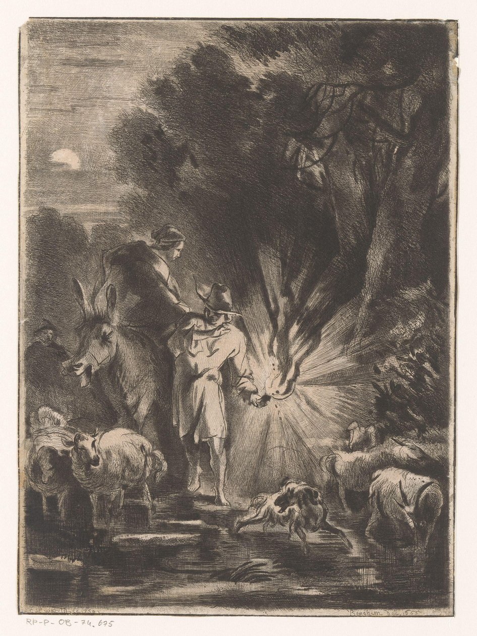 Nattlandskap med herde och herdinna vid en bäck av Claude Henri Watelet
