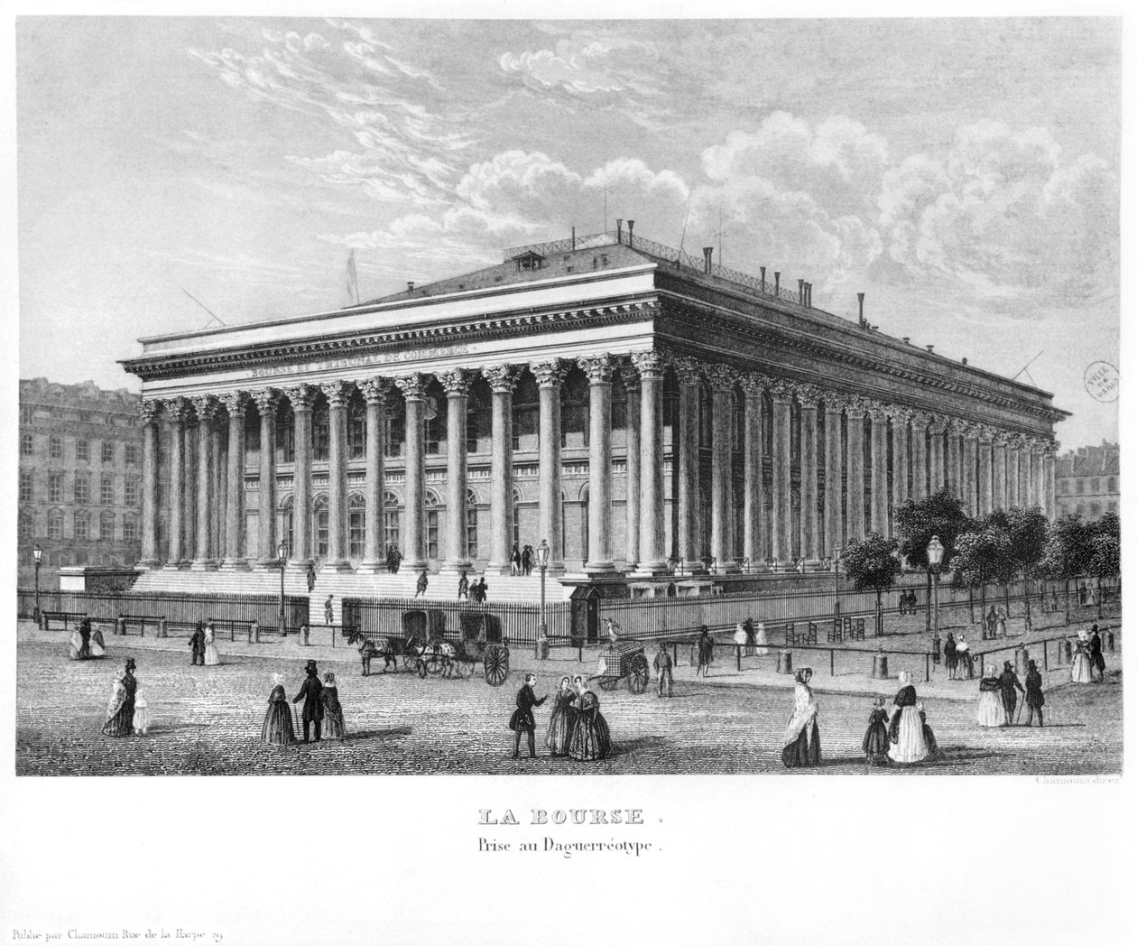 Börsen och handelsdomstolen i Paris, efter en daguerreotypi, ca 1840 av Claude Hilaire Alphonse Chamouin