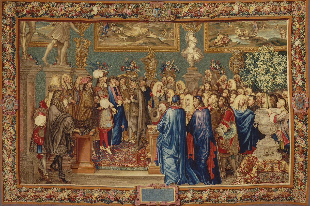 En audiens beviljad av Ludvig XIV till greven av Fuentes... vid Louvren, 24 mars 1662, ca 1730. av Claude I, Ballin