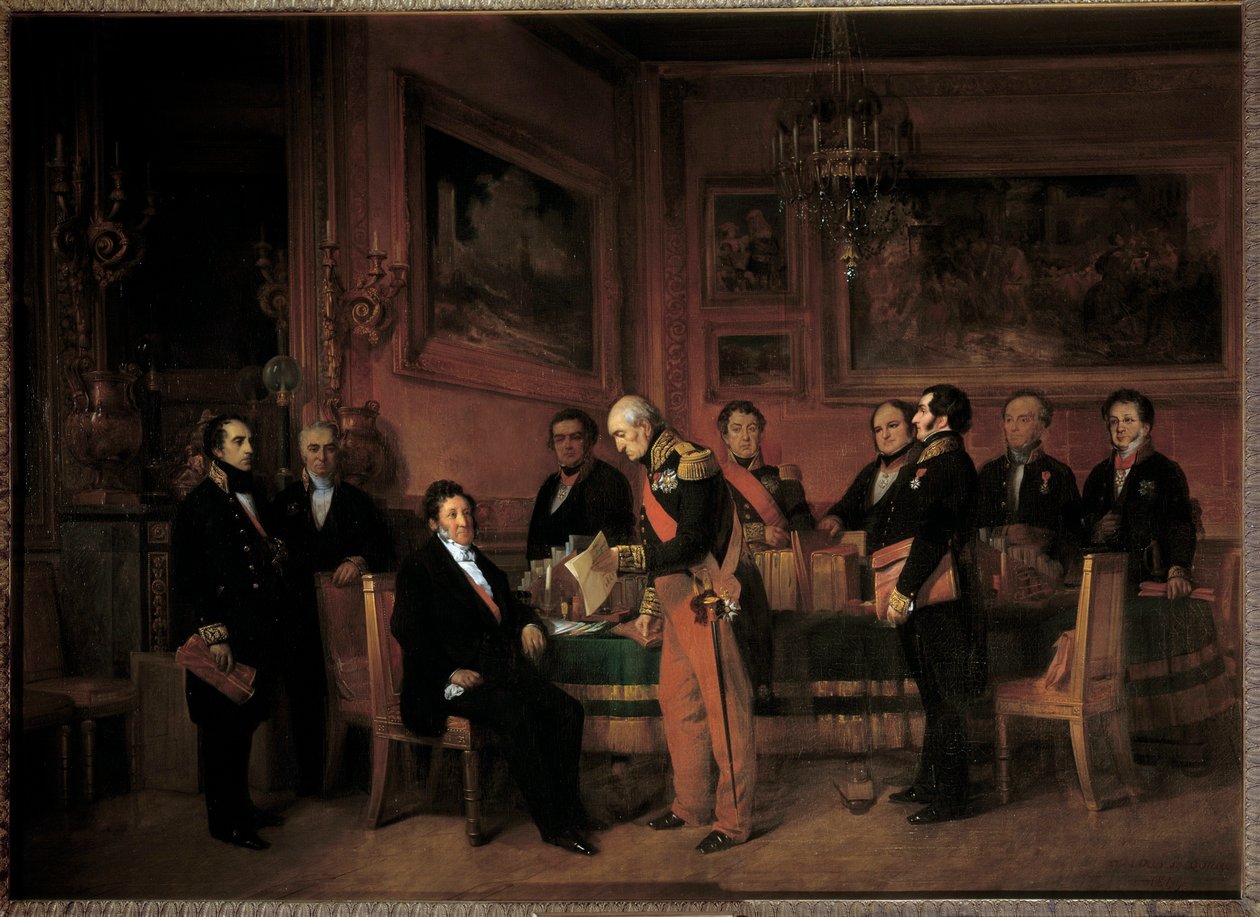 Ministerrådet vid Palais des Tuileries presenterar Marechal Soult för Louis Philippe I (1773-1850) regentskapslagen den 15 augusti av Claude Jacquand