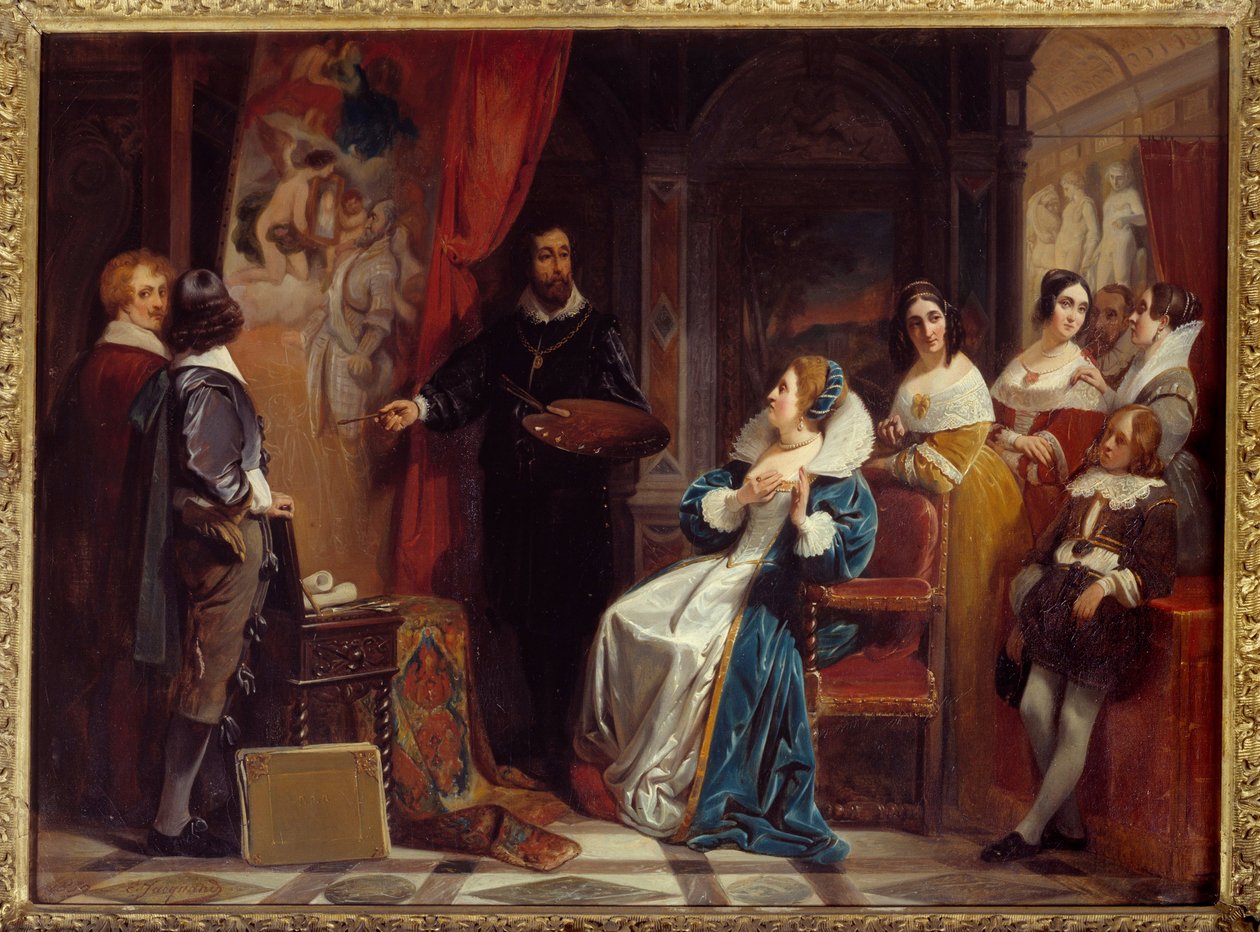Drottning av Frankrike Marie de Medicis (1573-1642) på besök i verkstaden för målaren Pierre Paul (Pierre-Paul) Rubens (eller Peter Paul eller Petrus Paulus) (1577-1640). Målning av Claudius Jacquand (1804-1878) av Claude Jacquand