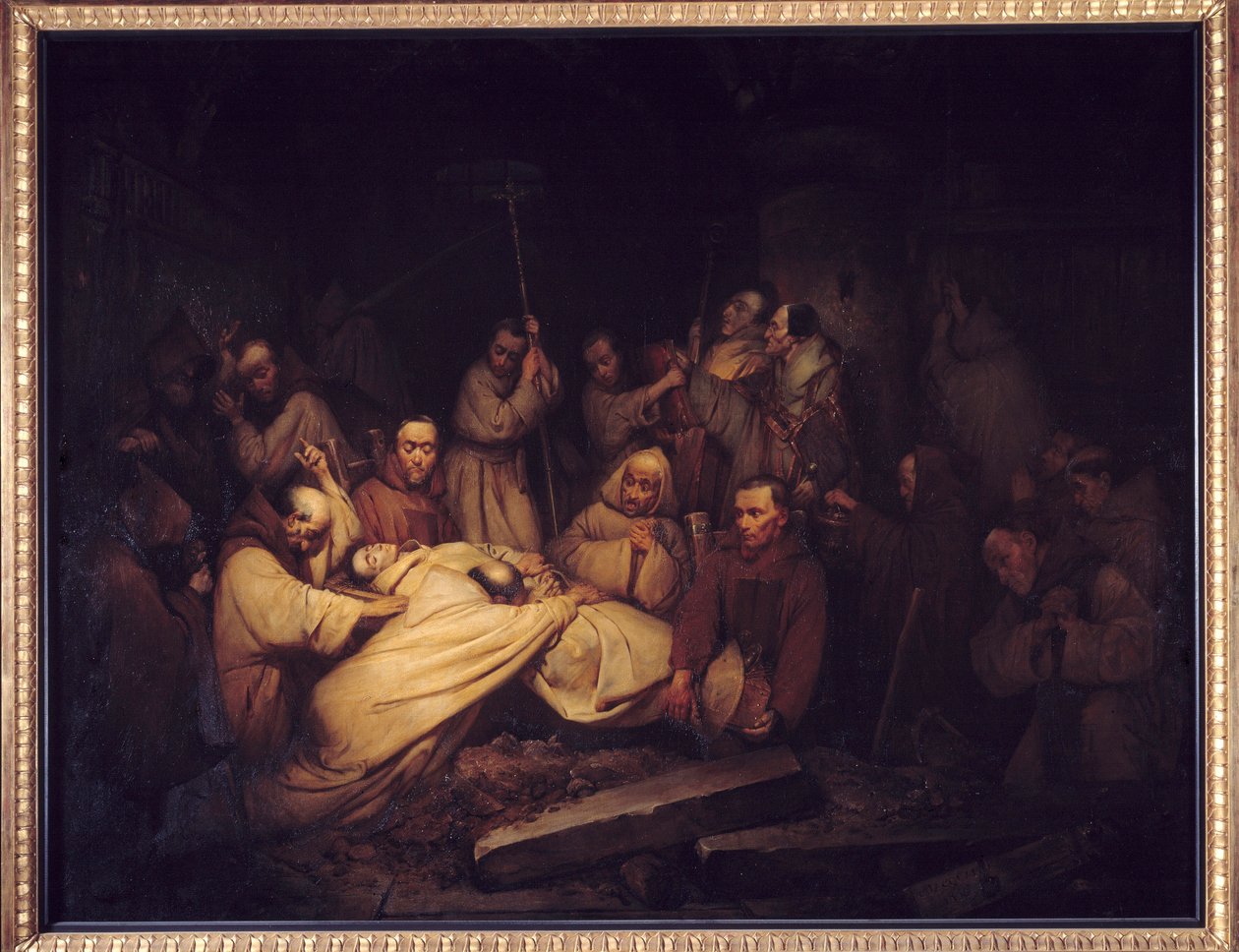 Greven av Comminges. Sista scenen av minnesmärkena av greven av Comminges som representerar greven av Comminges som erkänner Adelaide efter hans död. Målning efter romanen av Francois de Baculard d