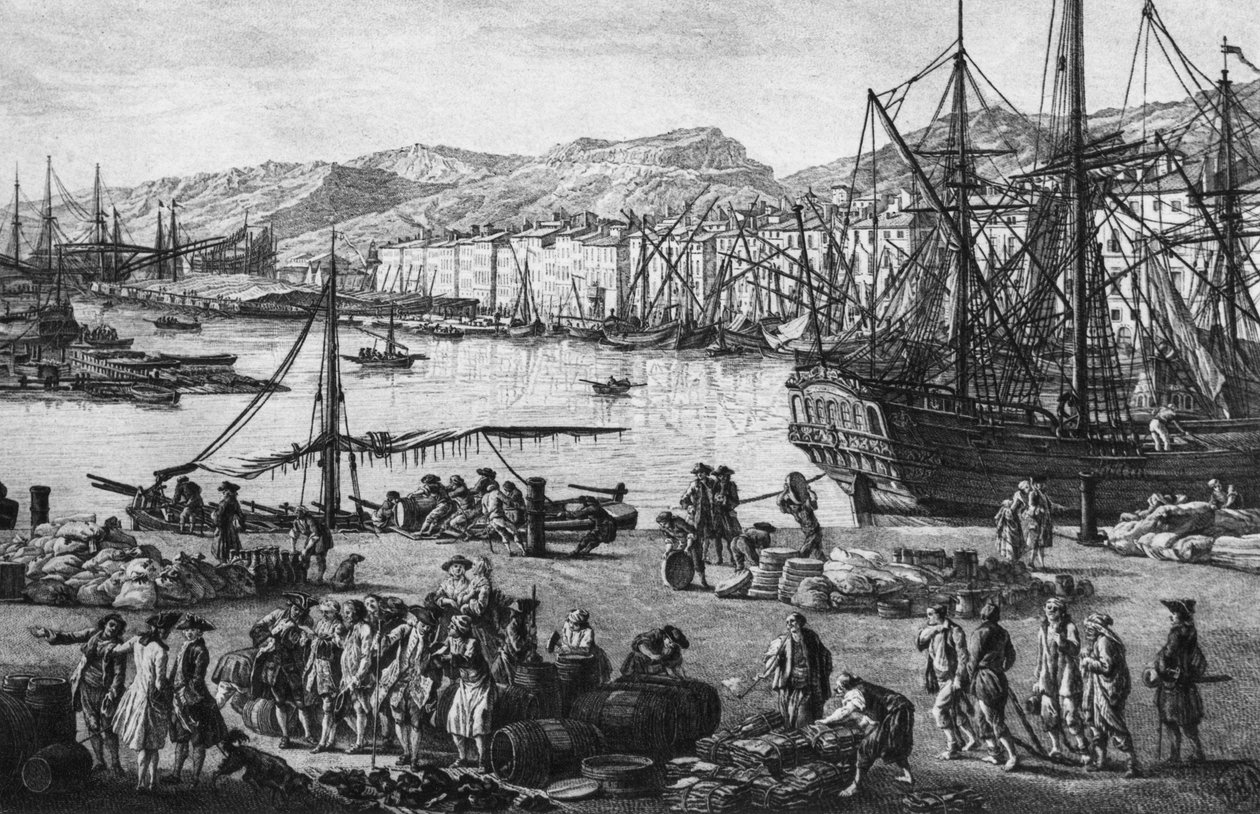 Gamla hamnen i Toulon, sett från kvartermästarens butiker, serie "Les Ports de France", graverad av Charles Nicolas Cochin den yngre (1715-90) och Jacques Philippe Le Bas (1707-83) 1762 (detalj på vänster sida) ( se även 382970, 382972) (etsning) av Claude Joseph (after) Vernet