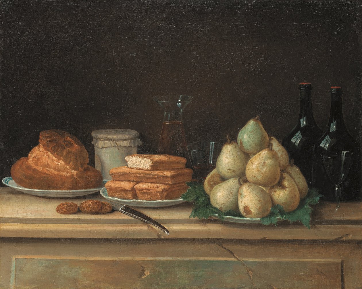 Päron och bröd på tallrikar, med flaskor vin och glas på en stenkant (olja på duk) av Claude Joseph Fraichot