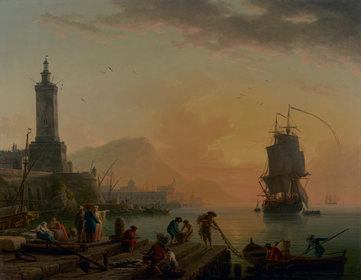 Medelhavshamn. Lugn vind, vindstilla på kvällen. av Claude Joseph Vernet