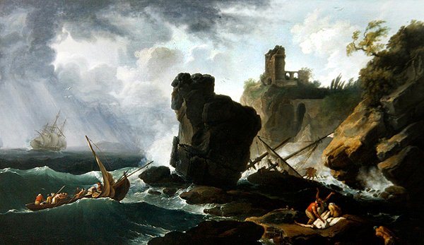 Klassisk italiensk kustscen (olja på duk) av Claude Joseph Vernet