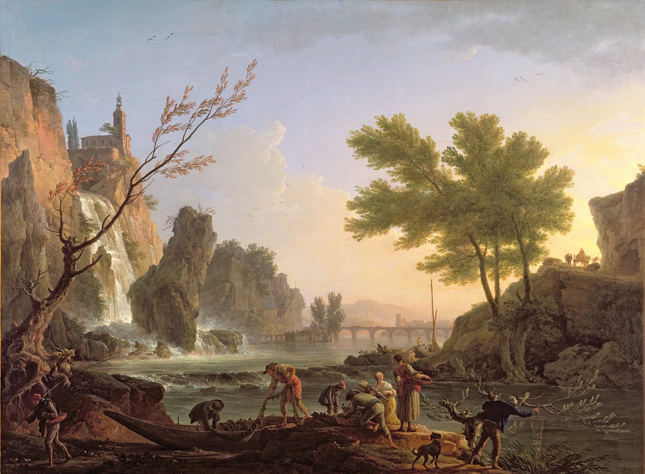 Fiskare i ett landskap med en kaskad och en bro av Claude Joseph Vernet
