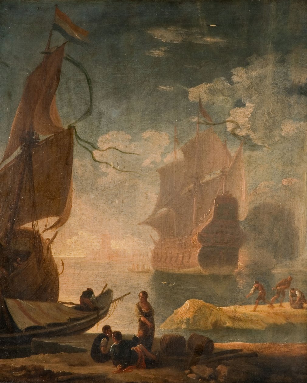 Hamnscen med krigsmän och figurer på en kaj, 1825. av Claude Joseph Vernet