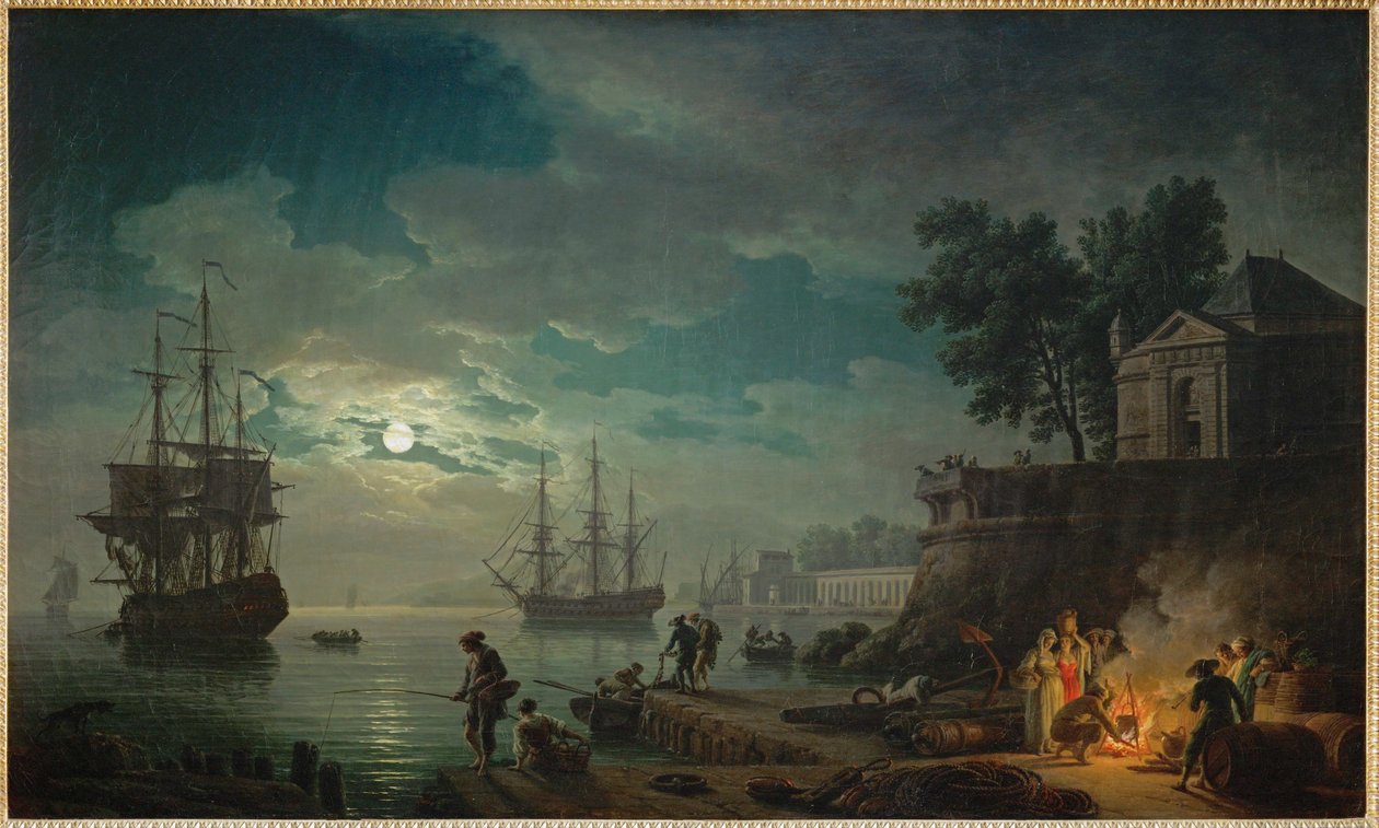 På natten, en månbelyst hamnstad ... av Claude Joseph Vernet
