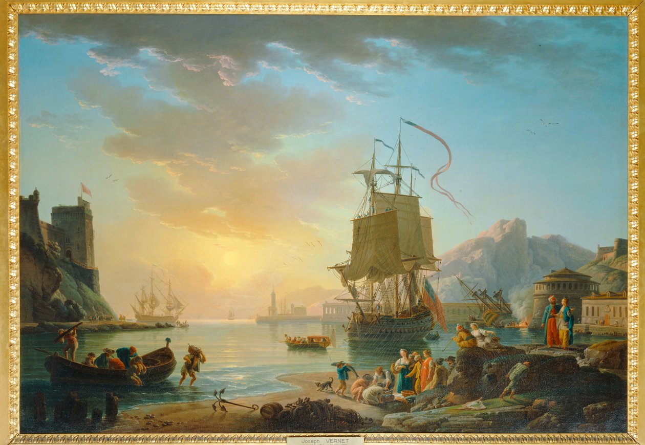 Marine, soleil couchant - Målning vid havet med solnedgång ... av Claude Joseph Vernet