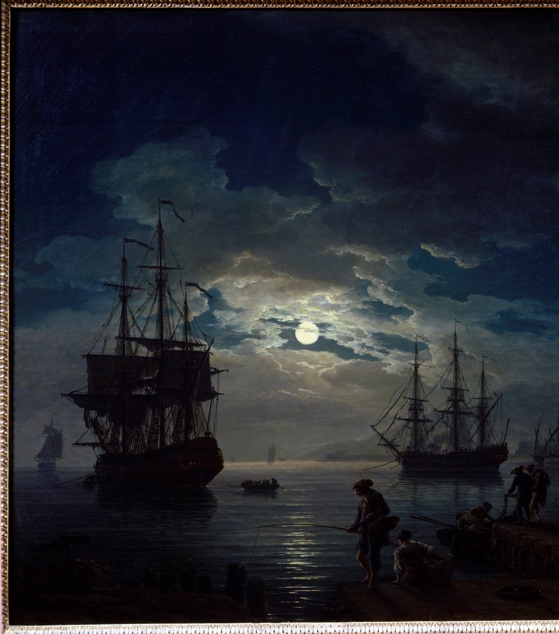 Månskensfiske Nattvy över en hamn. Detalj. Målning av Joseph Vernet (1714-1789) 1773 Paris, Louvren av Claude Joseph Vernet