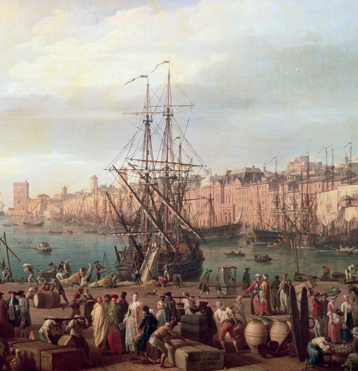 Morgonvy över Marseilles inre hamn och paviljongen Horloge du Parc, 1754 (detalj av 156103) av Claude Joseph Vernet