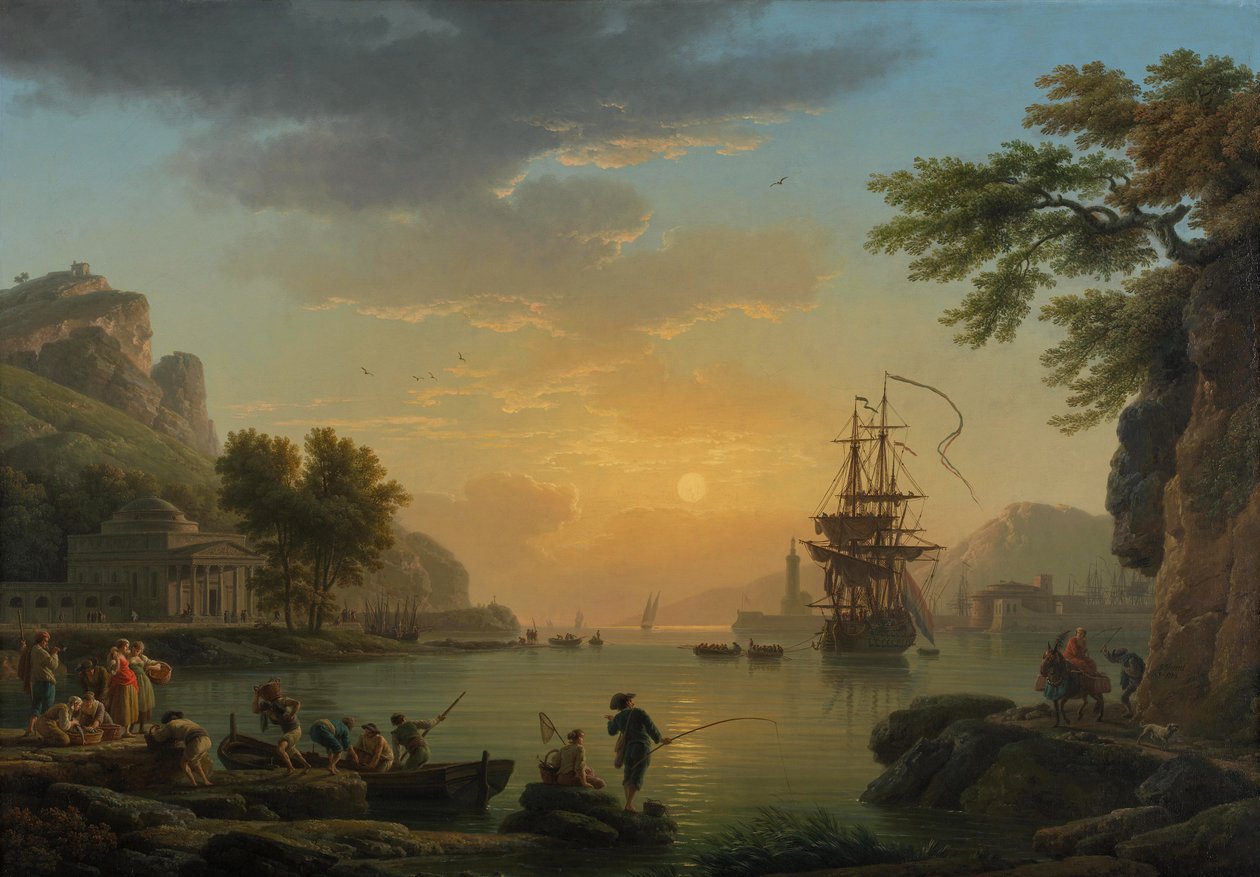 ""Landskap i solnedgången med fiskare som återvänder med sin fångst" Målning av Claude Joseph Vernet (1714-1789) Olja på duk 1773 Dim 114,5x164 cm National Gallery, London av Claude Joseph Vernet