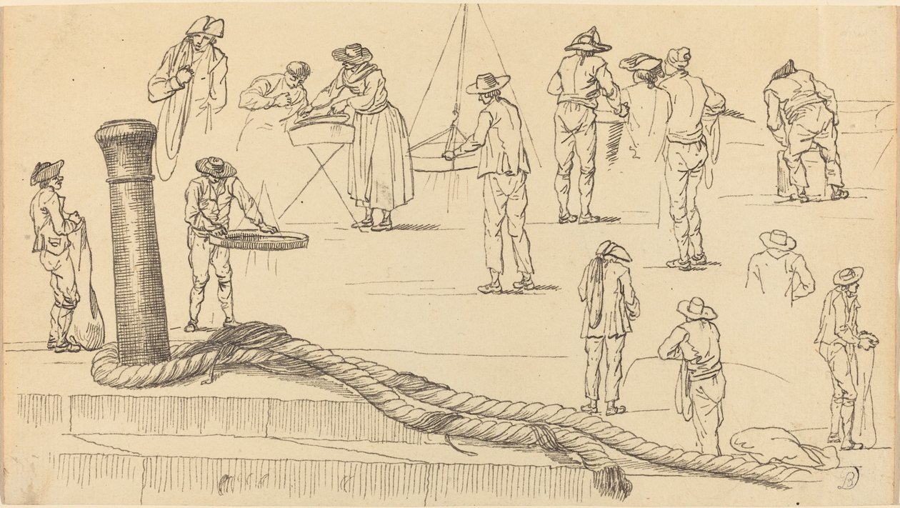 Kajfigurer och en längd av rep fäst vid en pollare av Claude Joseph Vernet