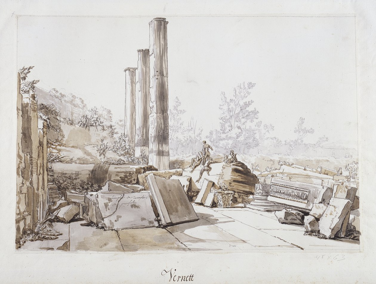 Ruinerna av Temple of Serapis i Pozzuoli, 1750 (penna och bläck och tvätta över svart krita på papper) av Claude Joseph Vernet