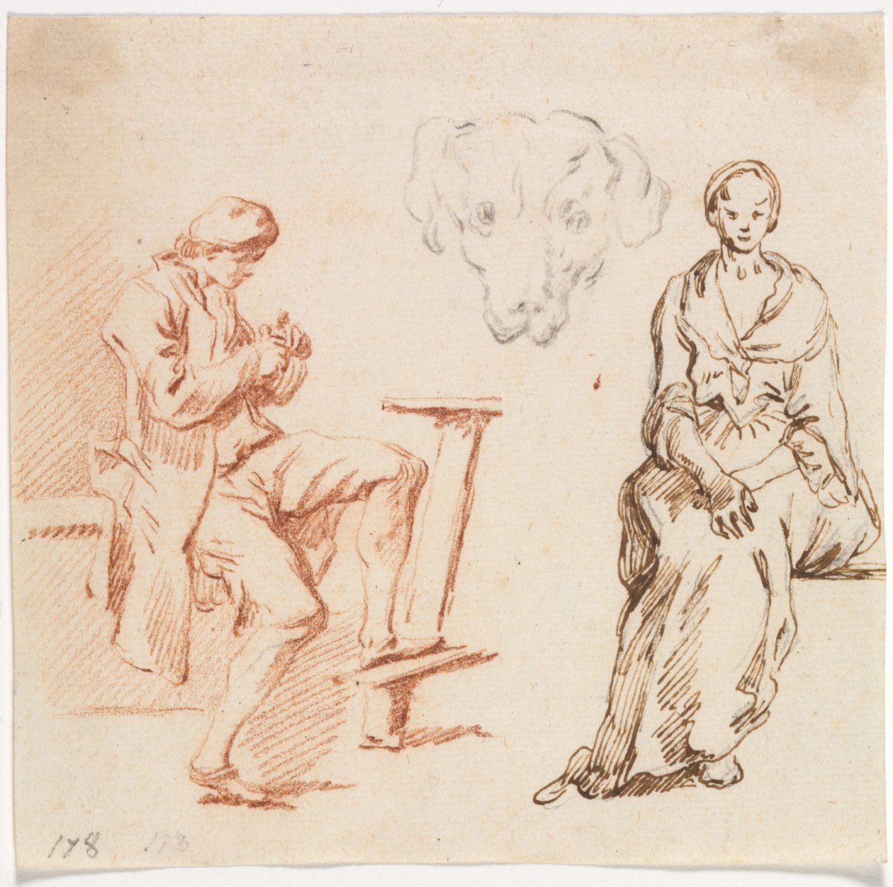 Studieblad: Sittande man, huvud av en hund, sittande kvinna, 1700-talet. av Claude Joseph Vernet