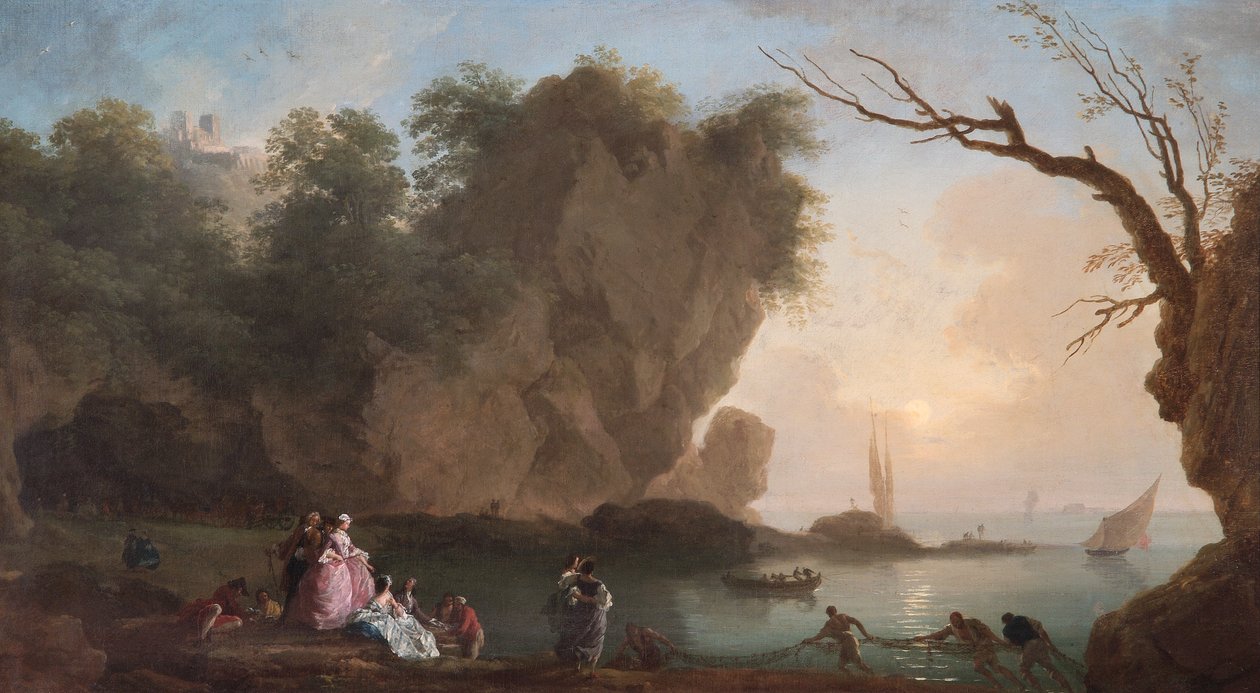 Solnedgång: Utsikt över en bukt med figurer av Claude Joseph Vernet