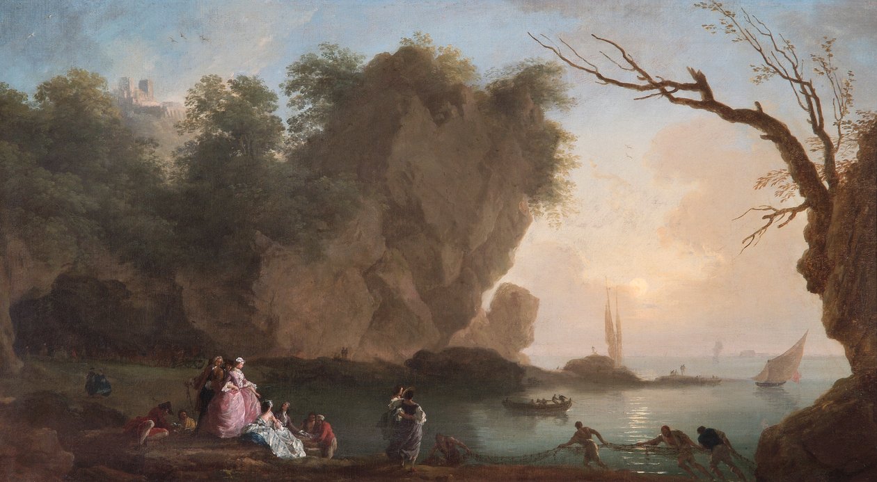 "Solnedgång: Utsikt över en bukt med figurer", 1742 av Claude Joseph Vernet