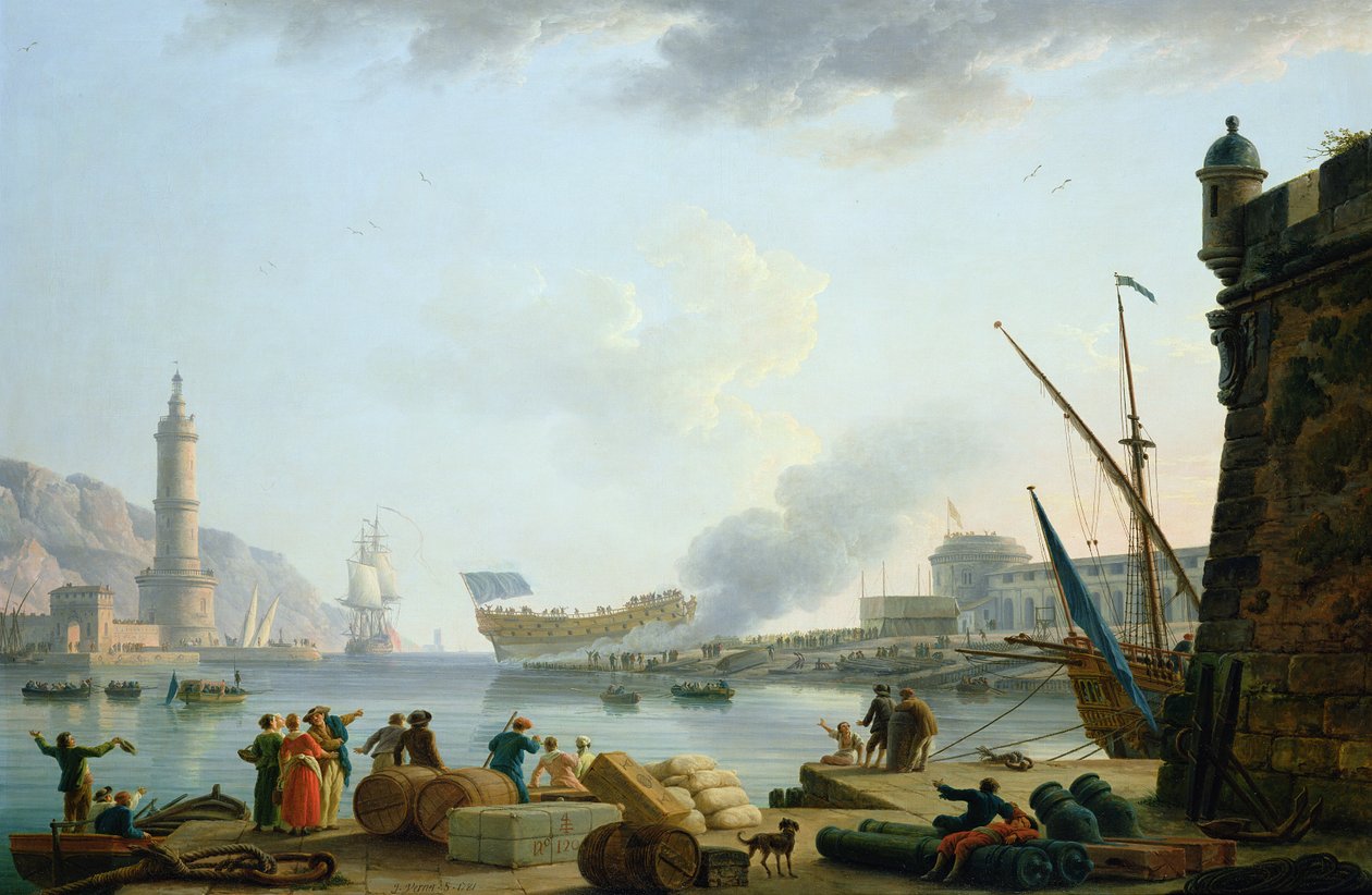 Lanseringen av krigsskeppet vid mynningen av en hamn, 1781 av Claude Joseph Vernet