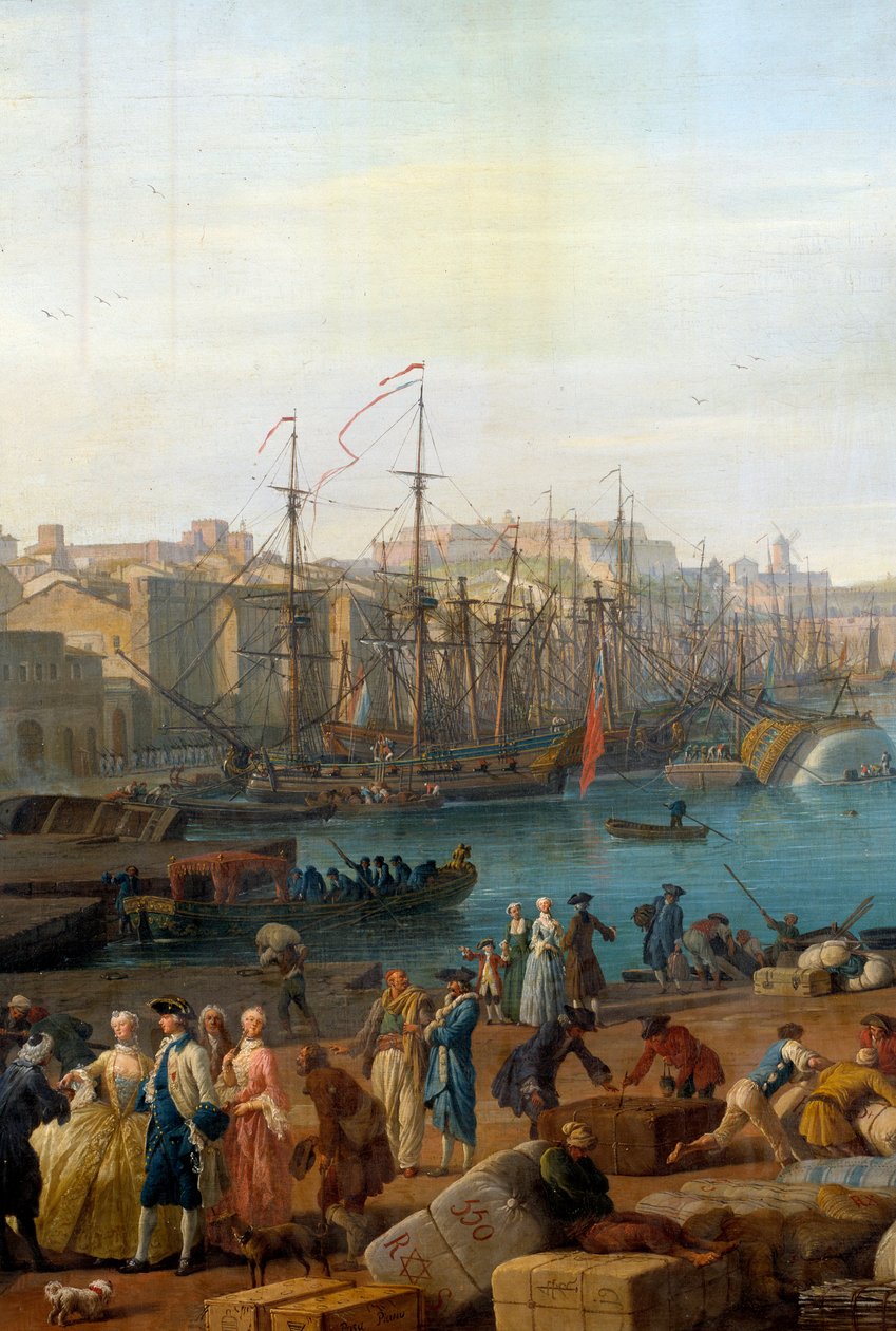 Hamnen i Marseille på 1700-talet Detalj som representerar lossningen av varor. Målning av Joseph Vernet (1714-1789) av Claude Joseph Vernet