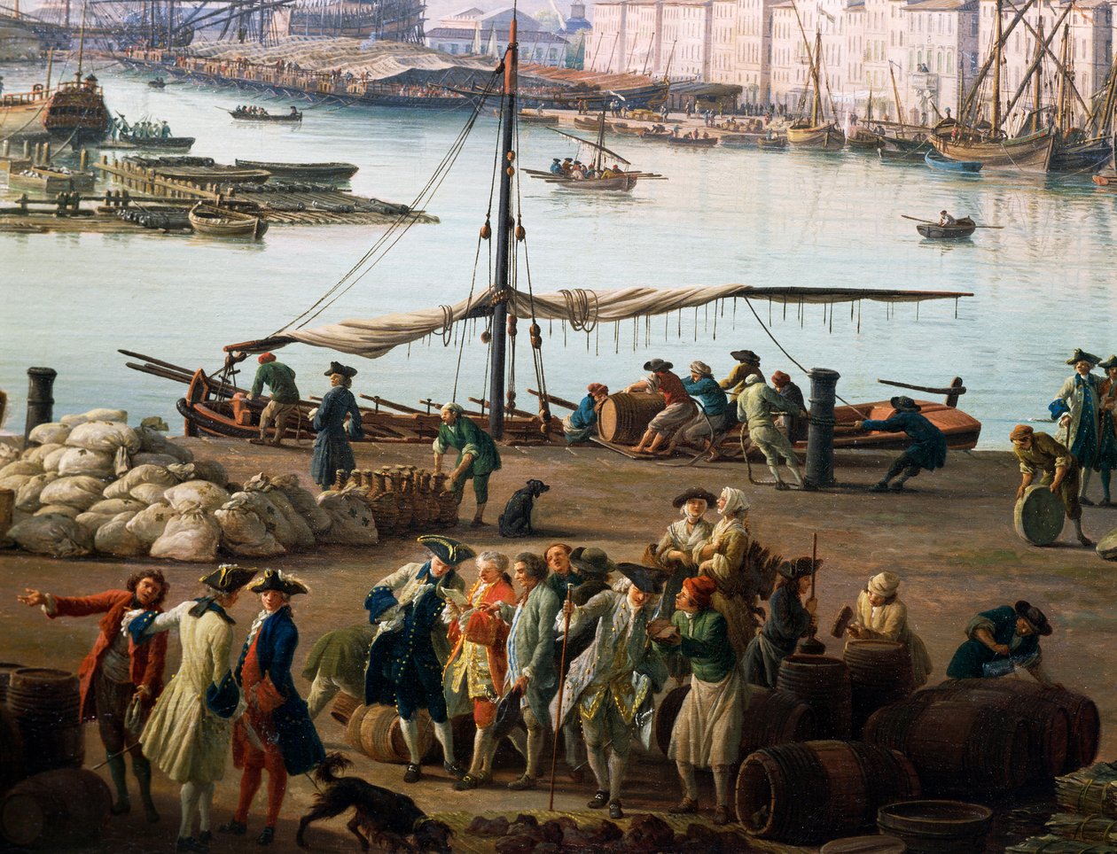 Tredje vy av Toulon, vy över gamla hamnen från sidan av mataffärerna, detalj (olja på duk) av Claude Joseph Vernet