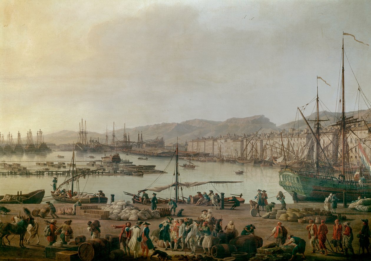 Utsikt över hamnen i Toulon. Detail, den gamla hamnen, utsikt från butikernas kust. Målning av Joseph Vernet (1714-1789) 1756. Paris, Musee de la Marine - Utsikt över hamnen i Toulon. Detalj. Målning av Joseph Vernet (1714-1789), olja på duk av Claude Joseph Vernet