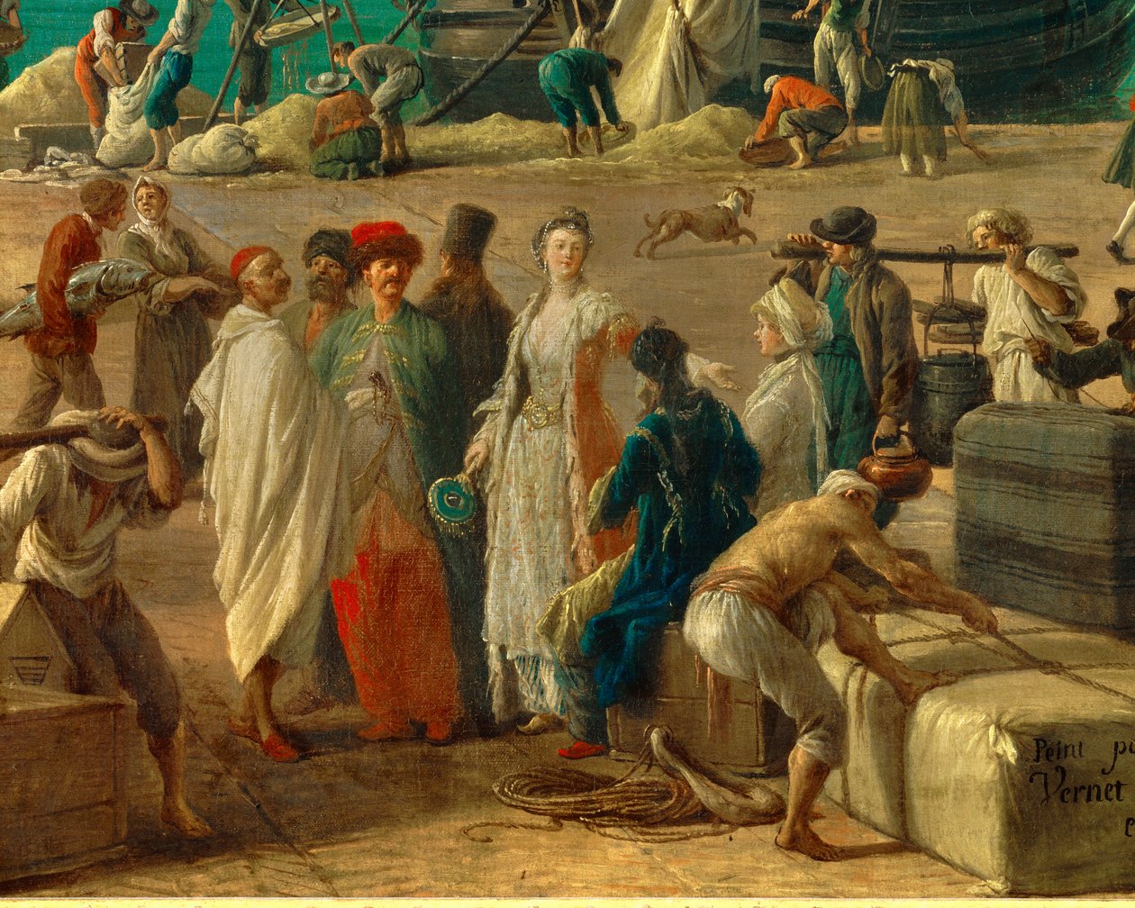detalj av: Marseilles hamn på 1700-talet”” Detalj som representerar lossningen av varor. Målning av Joseph Vernet (1714-1789) 1700-talets Paris. Marinmuseum av Claude Joseph Vernet