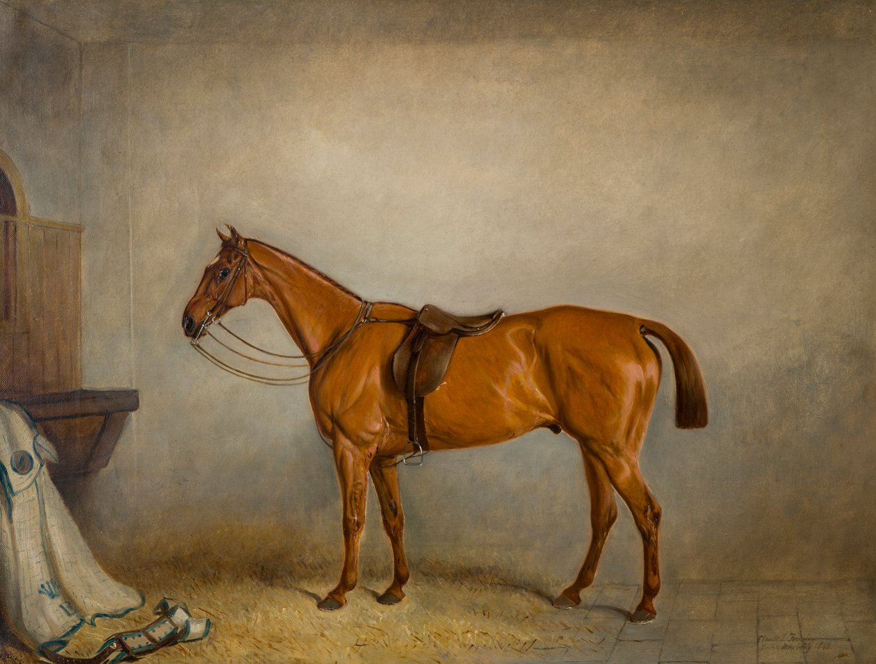 Hästplaneten i ett stall, ca 1866 (olja på duk) av Claude L. Ferneley