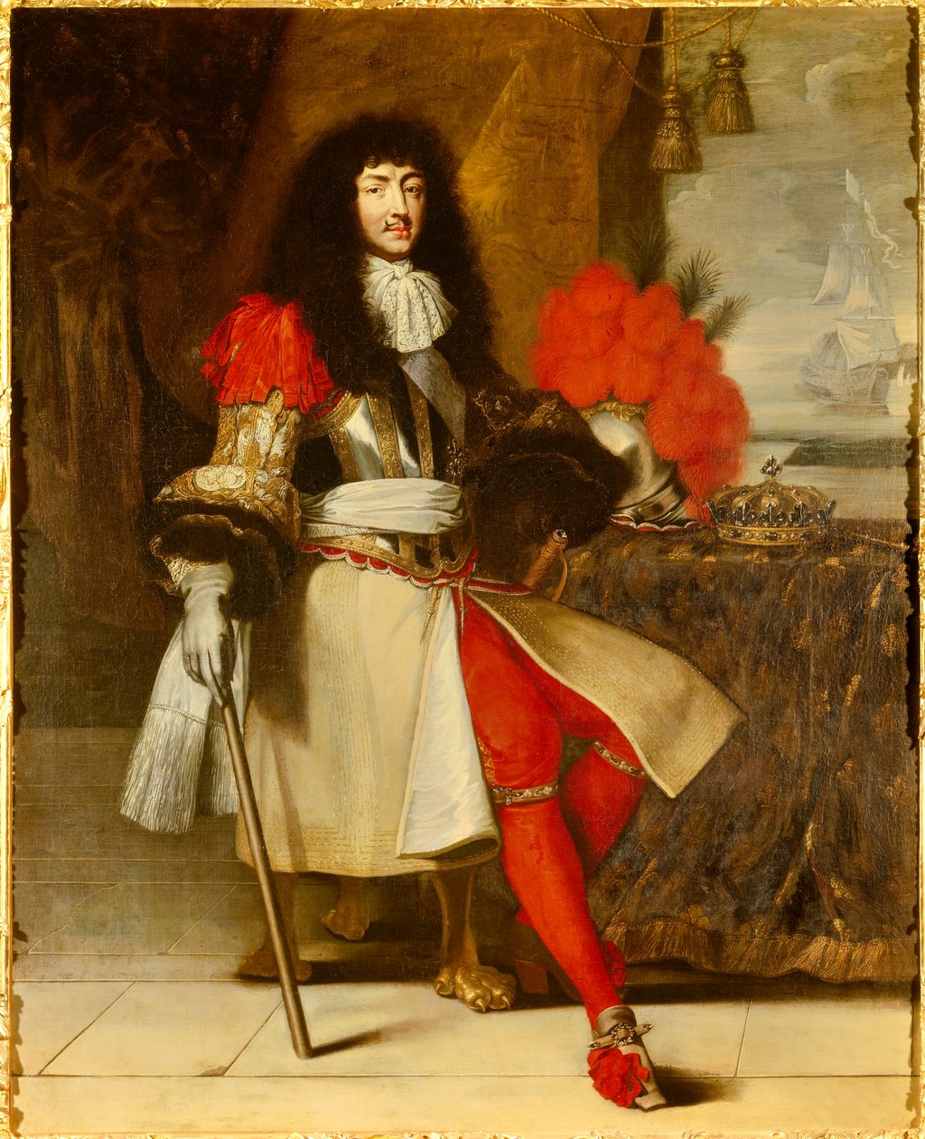 Porträtt till fots av Ludvig XIV, kung av Frankrike och Navarra (1638-1715) - cirka 1665-1670 (slagskepp med krona och spira ställd på bordet, framför ett maritimt landskap med en båt) Målning av Claude Lefebvre (1632- 1675) Omkring 1670 sön. 1,96x1,55 av Claude Lefebvre