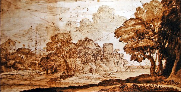 Enchanted Castle (penna & bläck och tvätt på papper) av Claude Lorrain