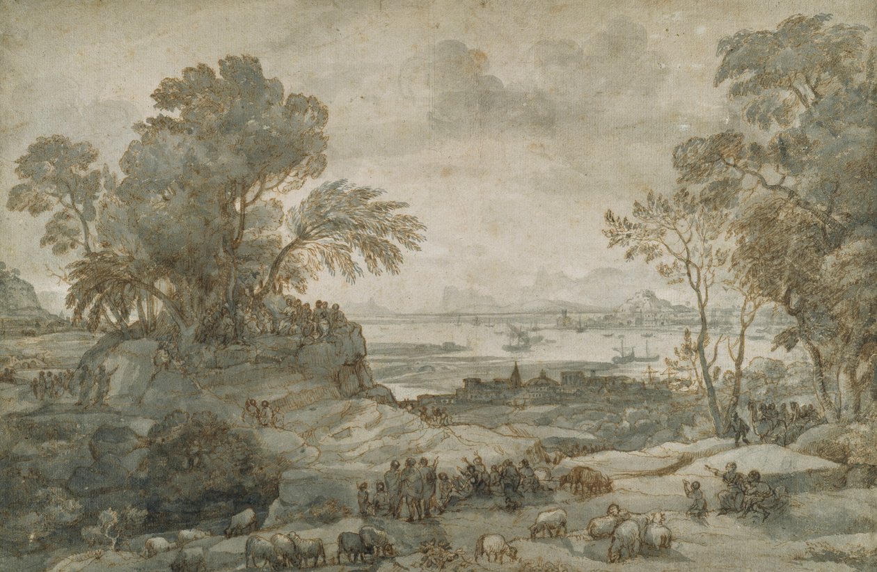 Landskap med Kristus som predikar bergspredikan (penna och brunt bläck med grå tvätt på papper) av Claude Lorrain
