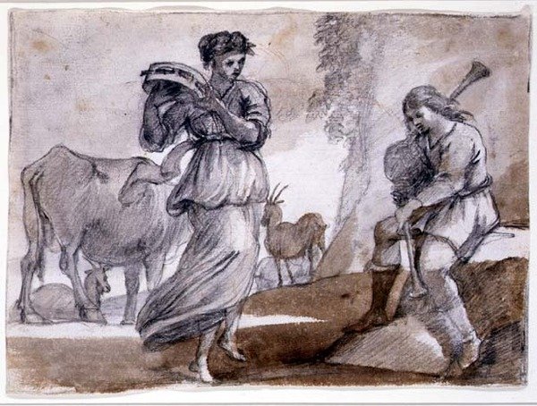 Landsbygdsdans (svart & röd krita och tvätt på papper) av Claude Lorrain