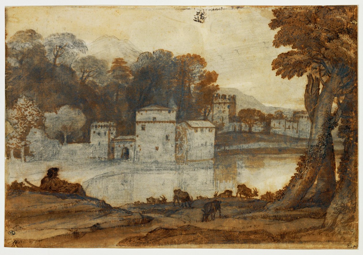 Fåraherde vid en sjö nära en befäst kvarn ... av Claude Lorrain (1600 82)