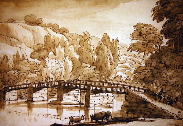 Skogbevuxen landskap (penna & bläck och tvätt på papper) av Claude Lorrain