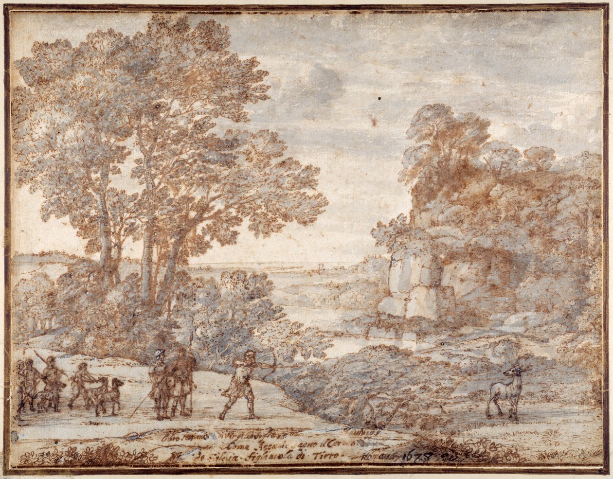 Ascanius skjuter Sylvias hjort, ca 1680 (penna och bläck med tvätt på papper) av Claude Lorrain