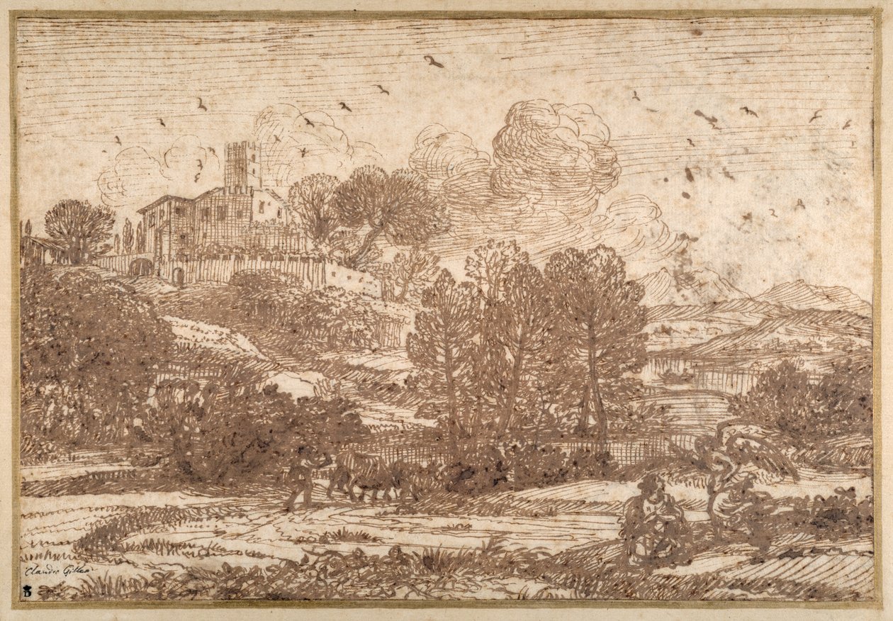 Hagar och ängeln (penna & brunt bläck på papper) av Claude Lorrain