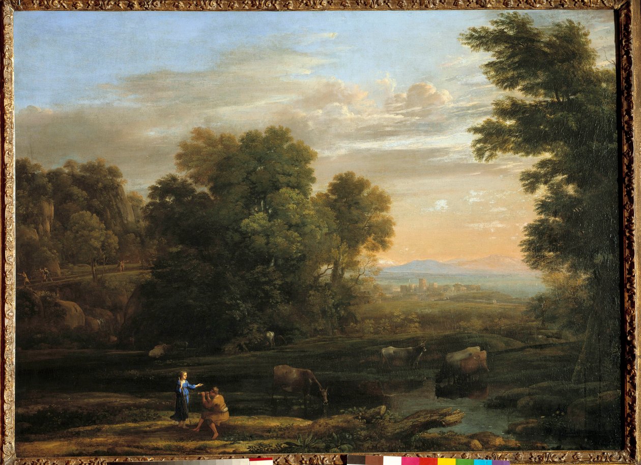 Landskap med herde som spelar den bukoliska scenen flageolet. Målning av Claude Gellee kallad Lorrain (1600-1682) 1600-talet. Privat samling av Claude Lorrain