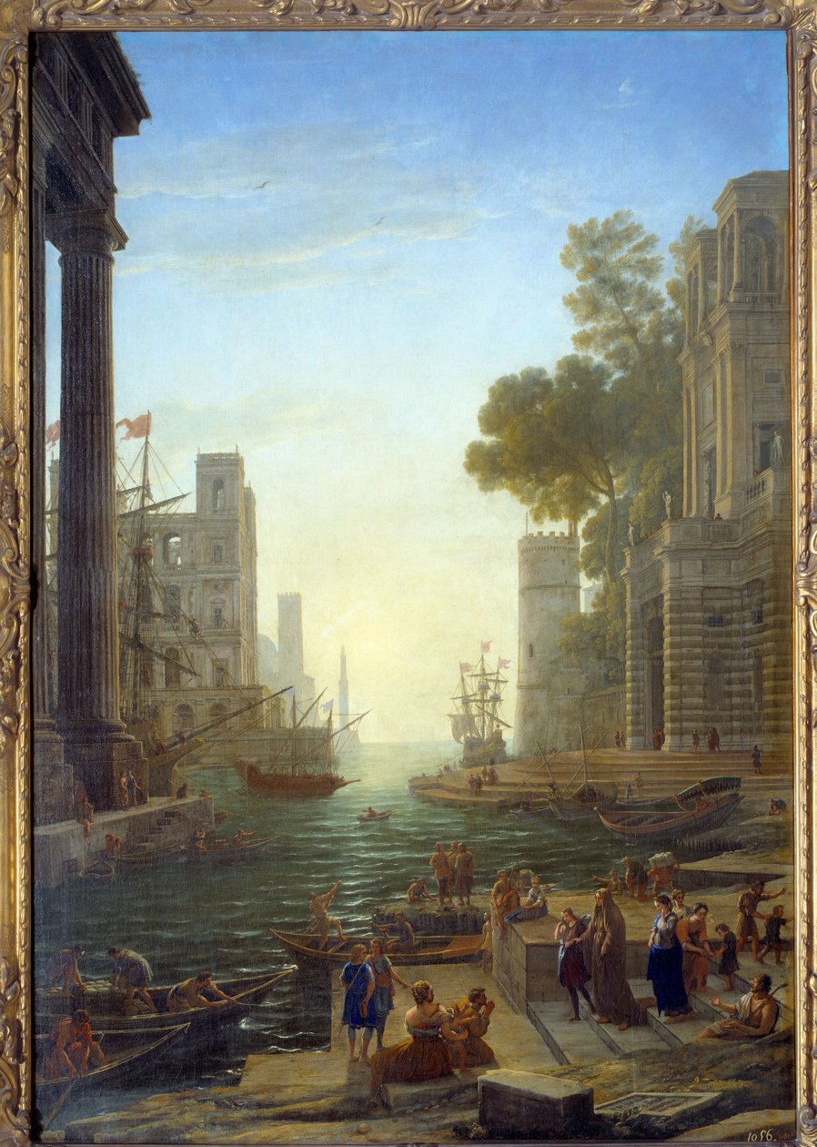 Landskap med båten av Saint Paula Romana vid Ostia. Saint Paula lämnar sina barn för att resa till det heliga landet. Canvas, 211 x 145 cm - Boarding från Sainte Paule till Ostia. St Paule (347-404 eller 407), romersk änka, lärjunge till Sankt Hieronymus.  av Claude Lorrain
