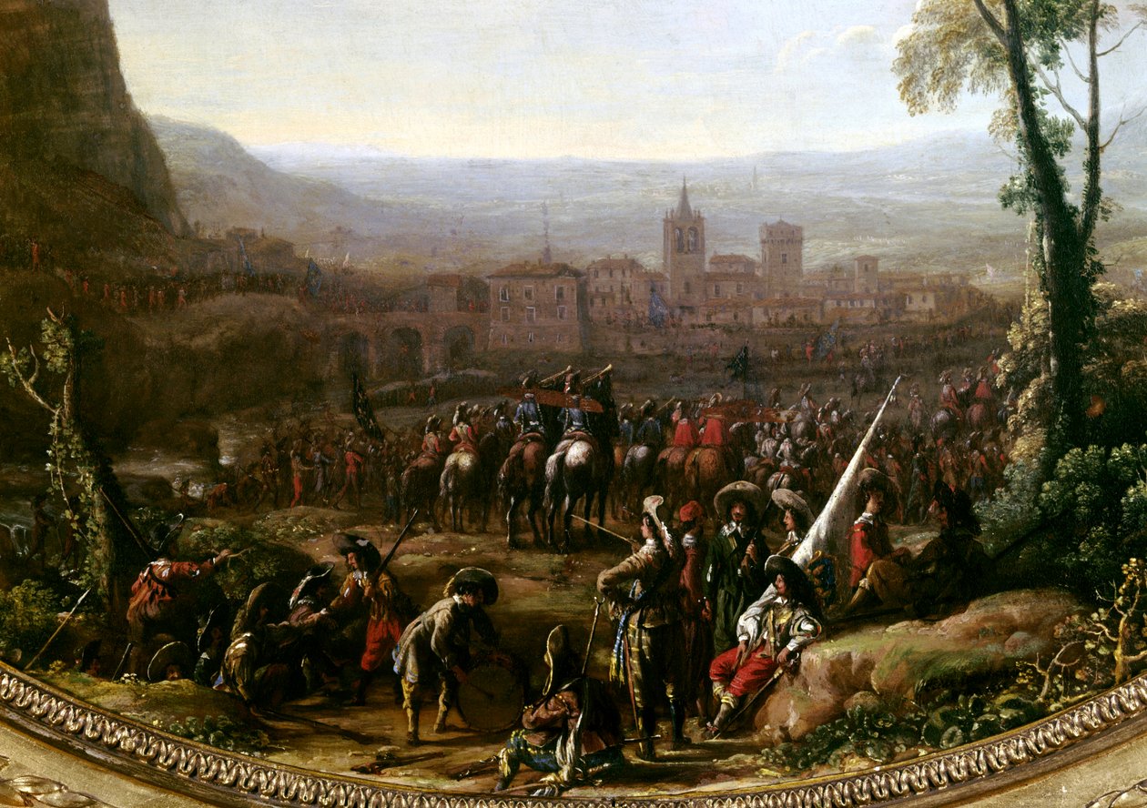 Ludvig XIII (1601-1643) tvingade fram Pas de Susa nära Turin, försvarade av hertigen av Savojens styrkor 1629. Detalj. Målning av Claude Gellee dit le Lorrain (1600-1682) Paris, Louvren av Claude Lorrain