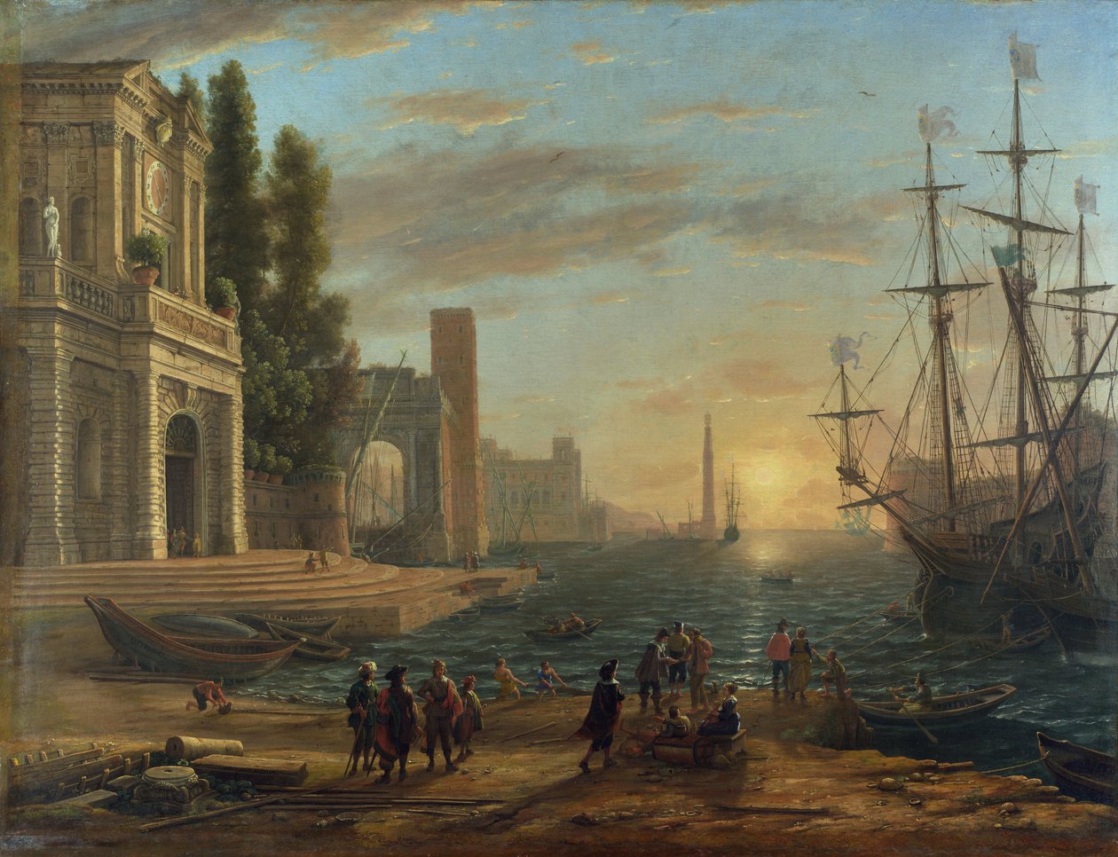 ""Seaport at sunset"" (En hamn) Målning av Claude Lorrain (1600-1682) Olja på duk 1644 Dim 103x131 cm National Gallery, London av Claude Lorrain