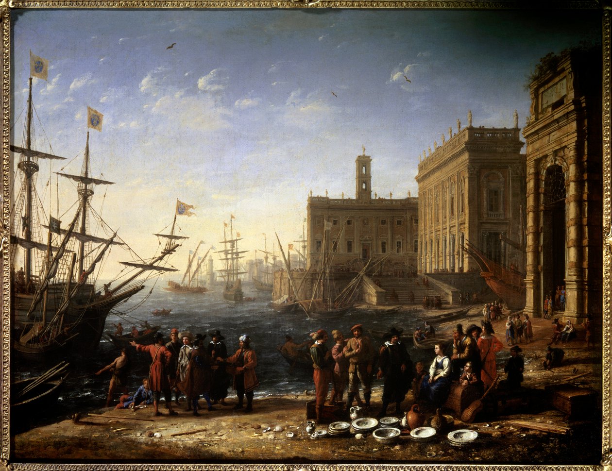 Utsikt över en hamn med Capitolium Utsikt över staden Rom i Italien. Målning av Claude Gellee kallad Lorrain (1600-1682) 1600-talets sol. 0,56x0,82 m Paris, Louvren. av Claude Lorrain