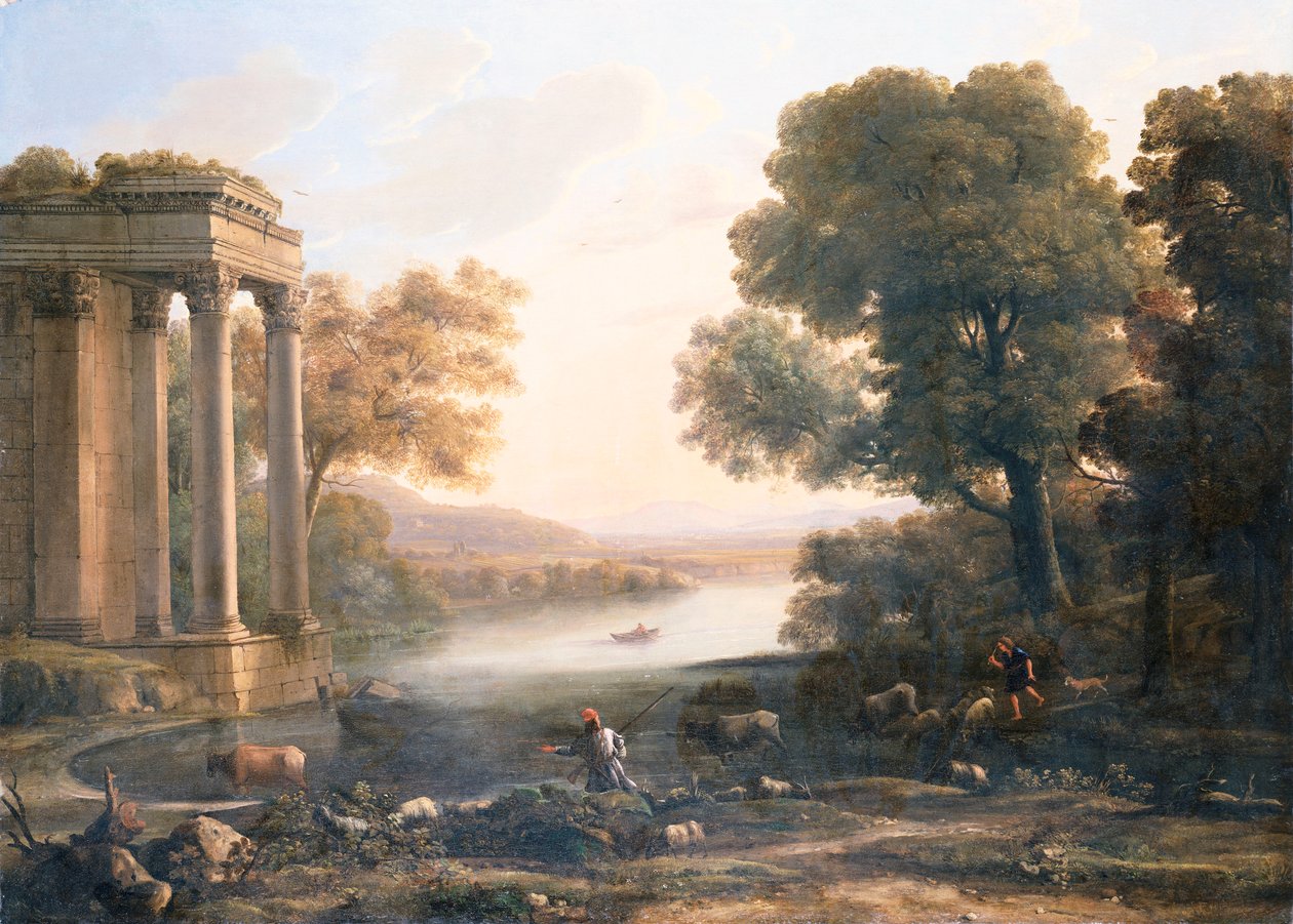 Ett pastoralt landskap med ruinerat tempel, c.1638 av Claude Lorrain