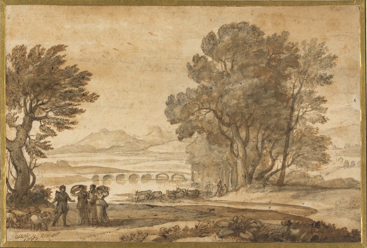 Ett trädbevuxet flodlandskap med Jakob, Laban och hans döttrar av Claude Lorrain