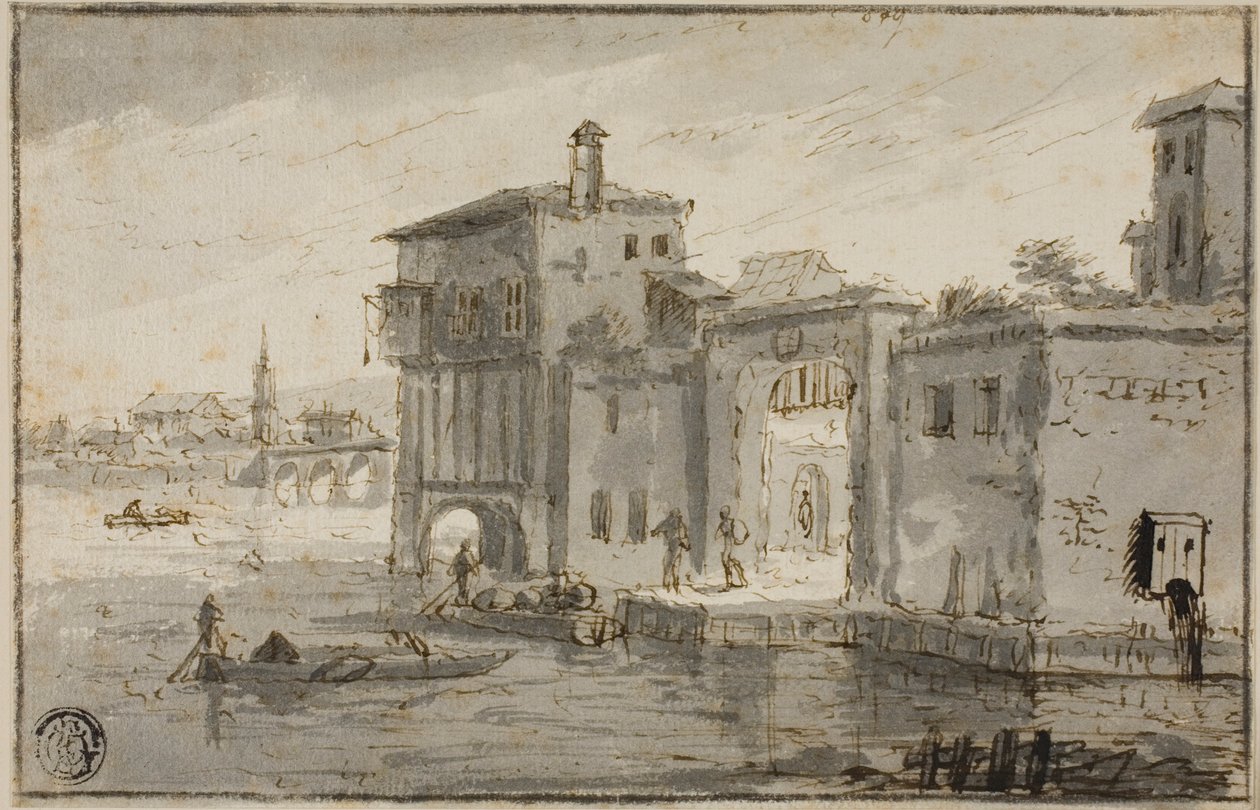 Byggnader bredvid lagunen av Claude Lorrain