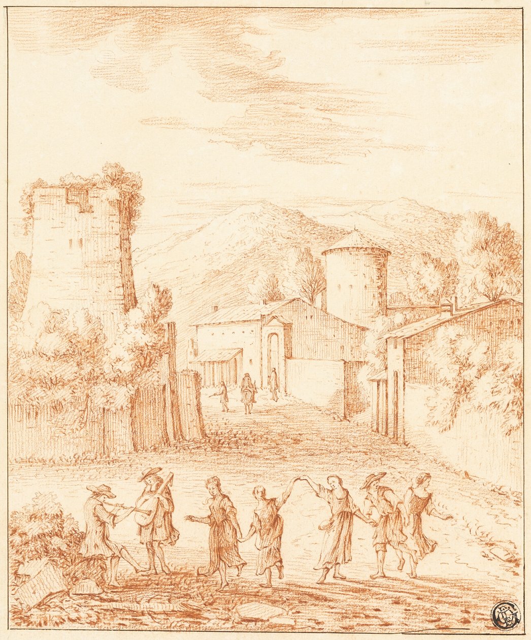 Dansare och musiker framför by med raserat torn av Claude Lorrain