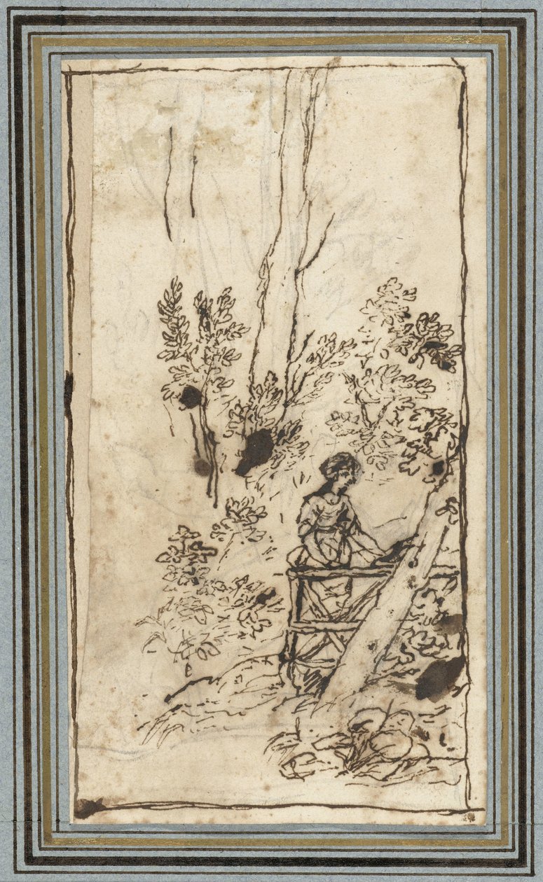 Ung kvinna som står vid ett staket i en skog Studier av djur från Djuralbumet. (serietitel) av Claude Lorrain