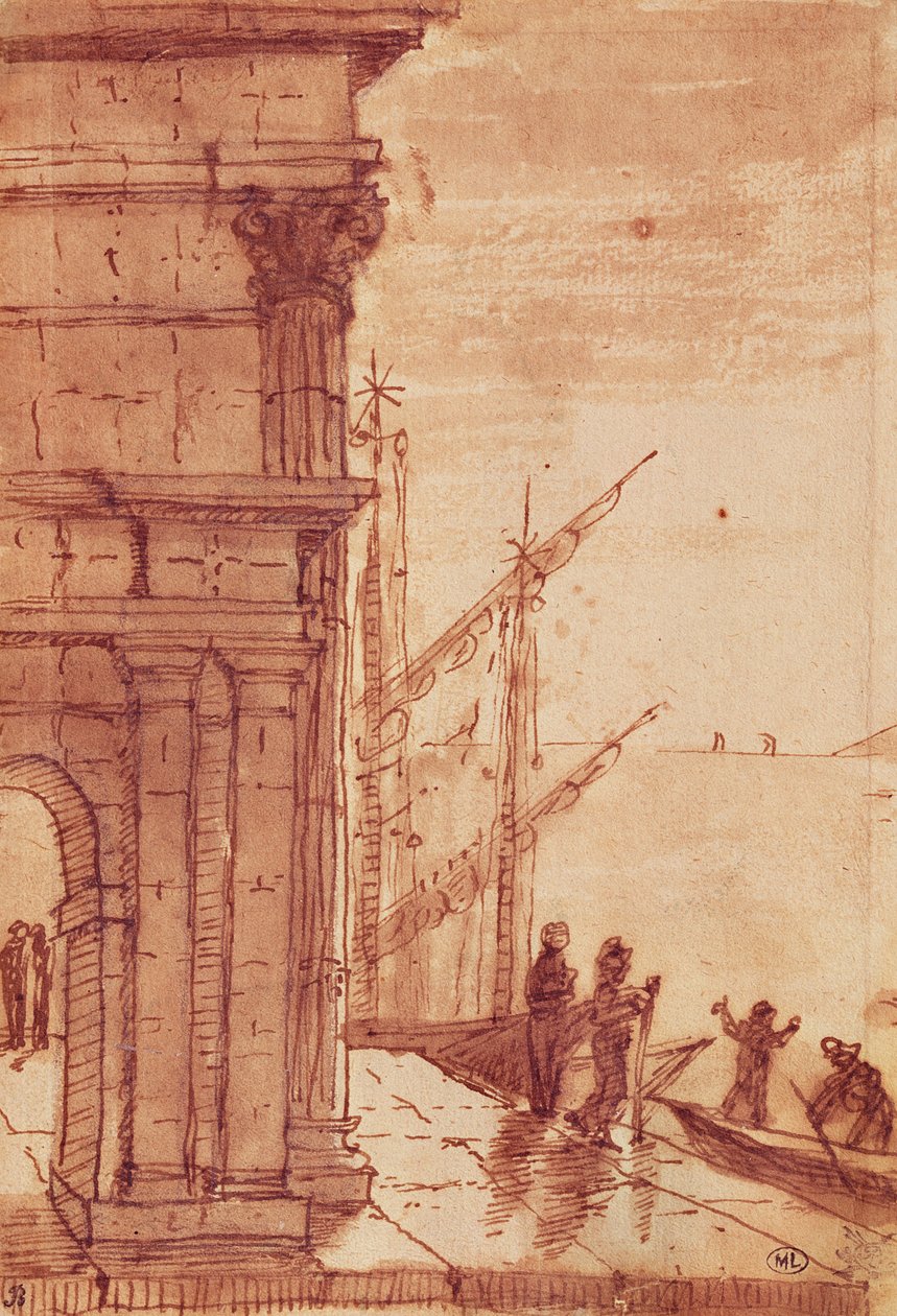 Landningssteg vid soluppgången (penna, brunt bläck, brun tvätt och svart krita) av Claude Lorrain