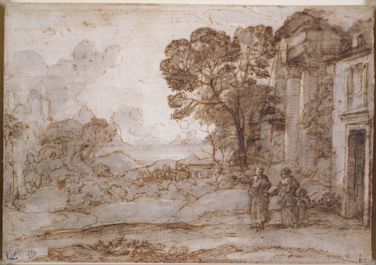 Landskap med Abraham som utvisar Hagar och Ismael, ca 1665-67 (penna och bläck och skölj över krita på papper) av Claude Lorrain