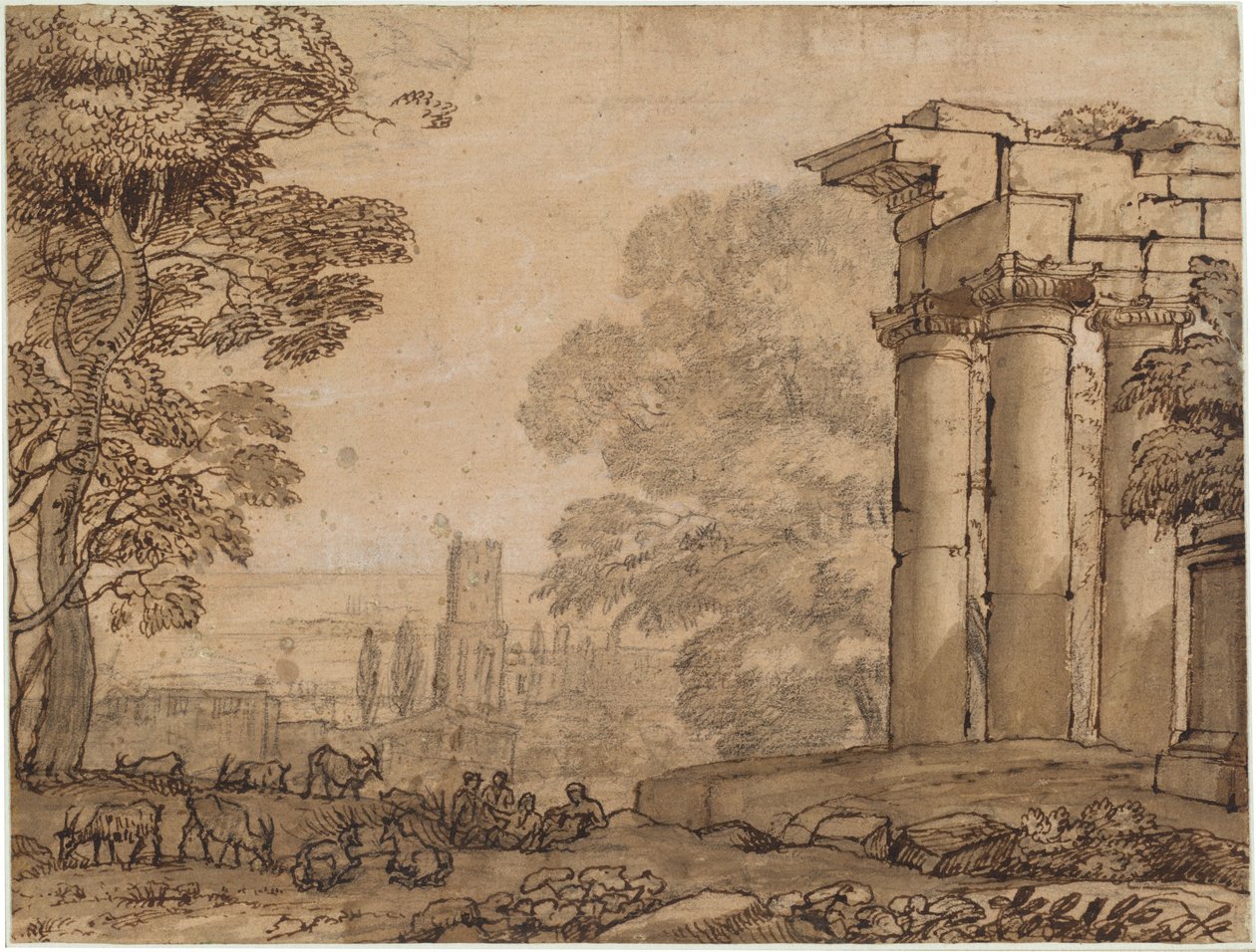 Landskap med ruiner, pastorala figurer och träd av Claude Lorrain
