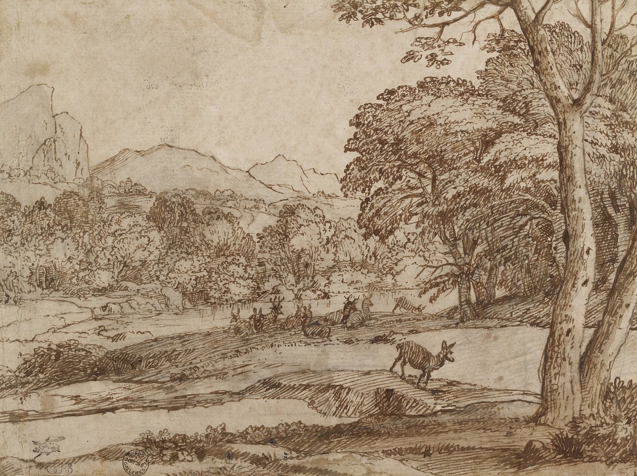 Landskap med en hjorthjord, 1666 (svart krita, gnuggad, med penna och brunt bläck på fläckigt, oblekt papper) av Claude Lorrain